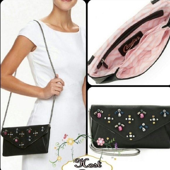 Candie’s ✦ Rhinestone Crossbody Clutch ✦ Black Faux Leather Silver Snake Chain - Picture 9 of 13